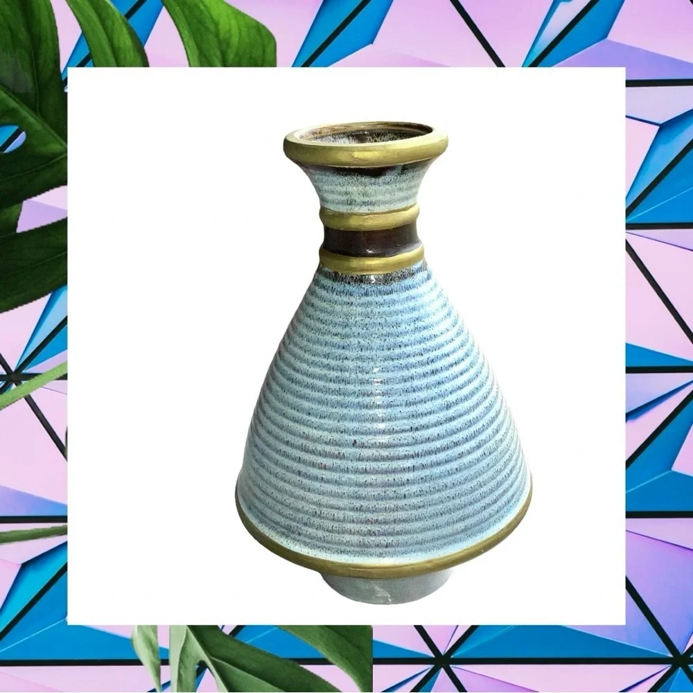 Gray Blue Speckled w Antique Gold Trim Beehive Swirl Stoneware Ceramic 12.75”